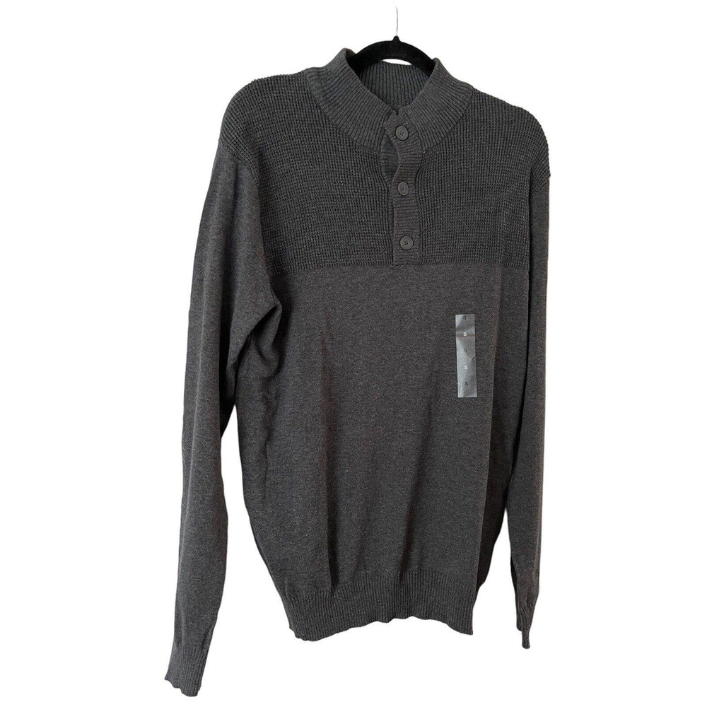 NWT Club Room Gray Knit Button Front Mock Neck Henley Pullover Sweater Small